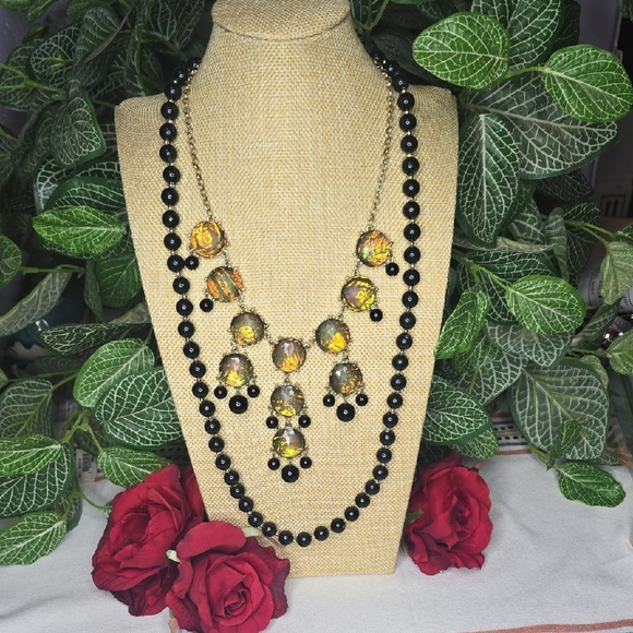 1 Multicolored Circle w/ Blk Beads & 1 Black Beaded W/ Gold Tone Necklaces - Picture 2 of 11